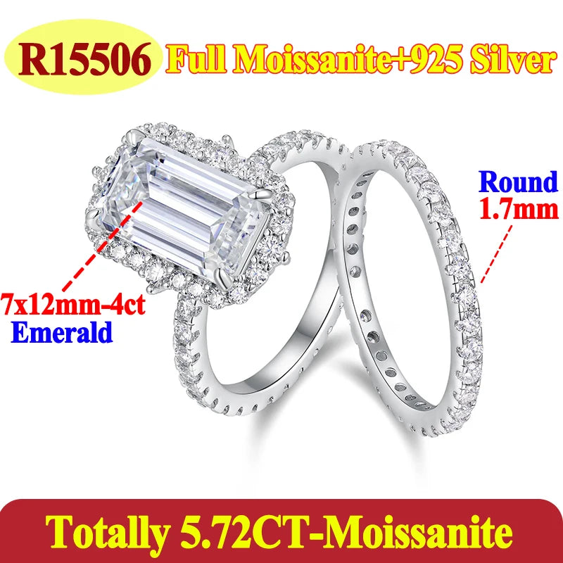 Silver ring with emerald-cut gemstone and text detailing stone size and moissanite weight.