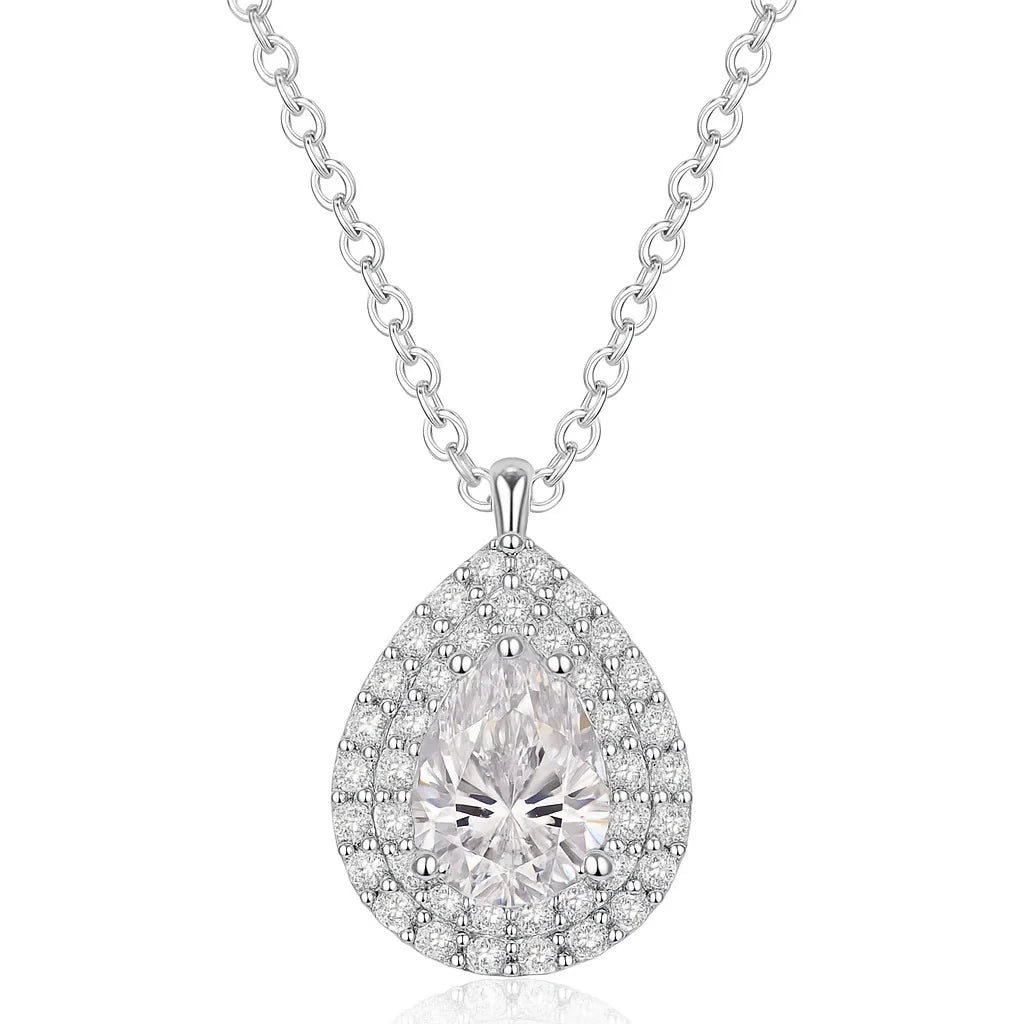 Teardrop-shaped moissanite pendant on a chain against a white background