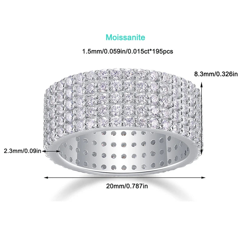 Silver ring with Moissanite stones and measurements on a white background