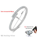 Silver bracelet with moissanite stones and measurement details on a white background