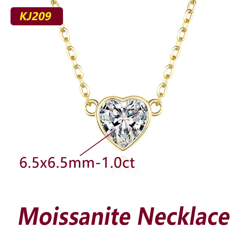 Heart-shaped moissanite necklace with gold chain on a white background