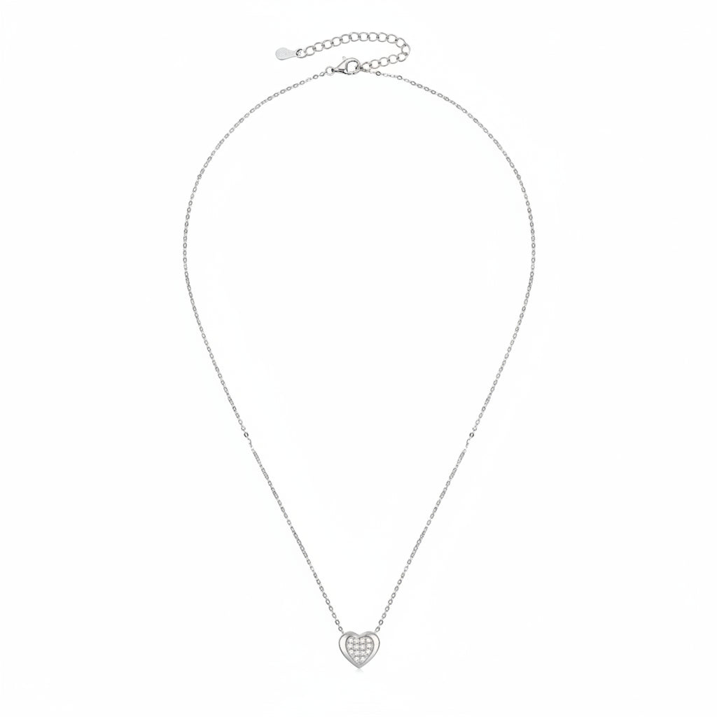 Silver necklace with a heart-shaped pendant on a white background