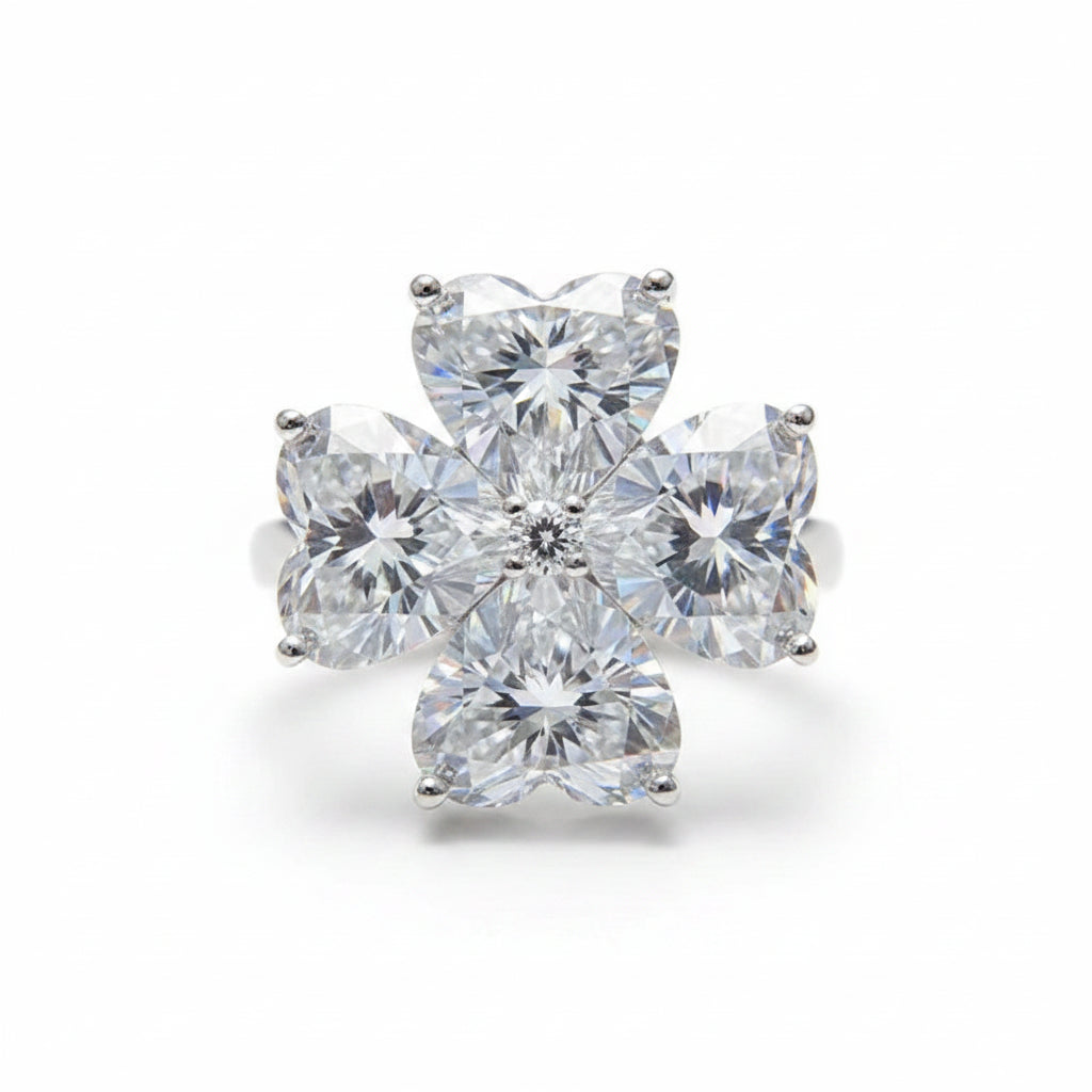 Close-up of a moissanite diamond earring with a white background