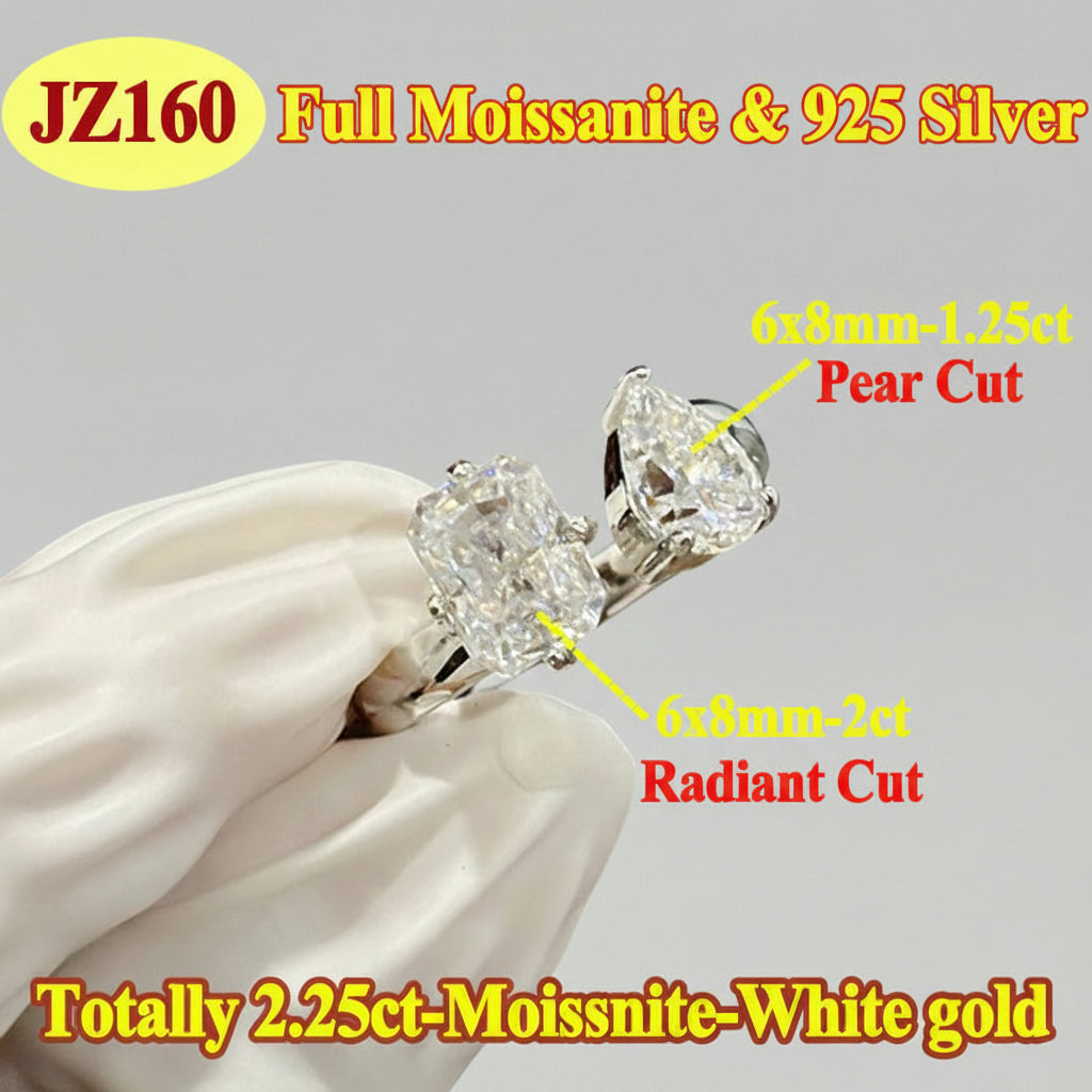 Pair of moissanite ring with detailed specifications on a light grey surface