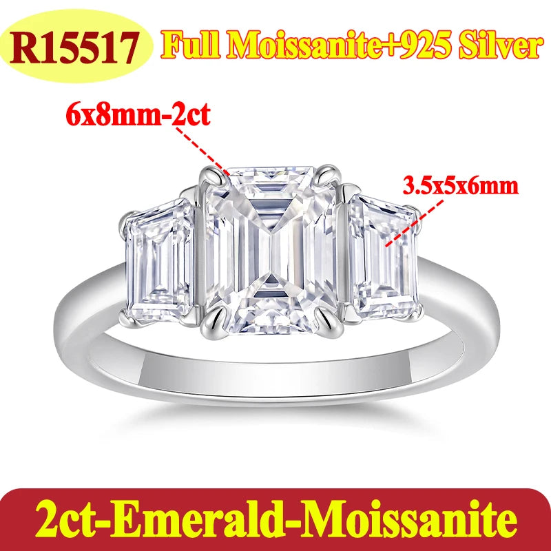 Silver ring with emerald-cut moissanite stones on a white background