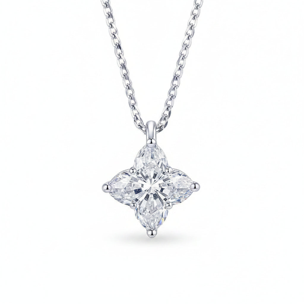 Moissanite diamond pendant on a chain against a white background