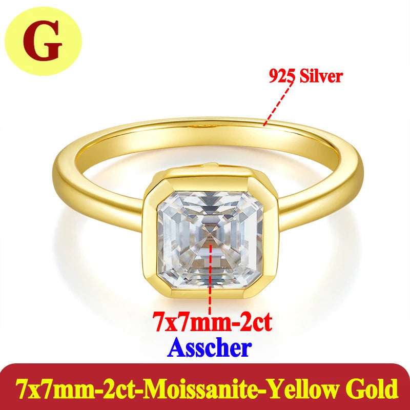 Gold ring with a asscher diamond-shaped gemstone on a white background.