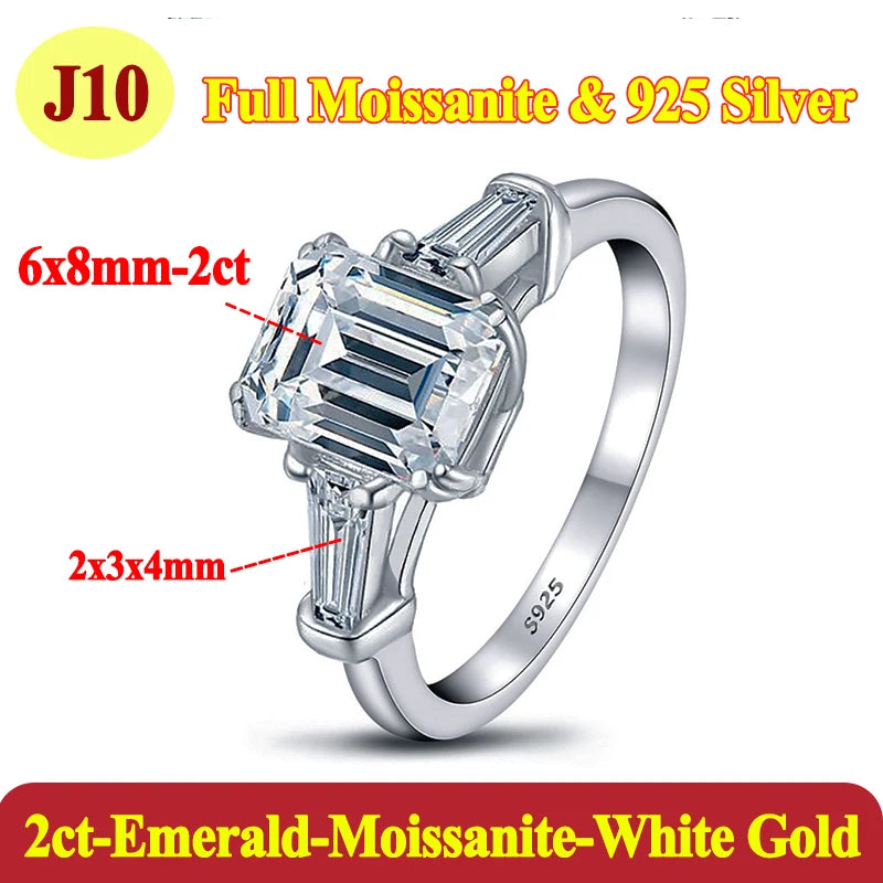 Silver ring with emerald-cut moissanite stones on a white background