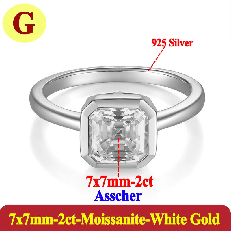 Silver ring with a diamond-like stone labeled '925 Silver' and '7x7mm-2ct Asscher'.