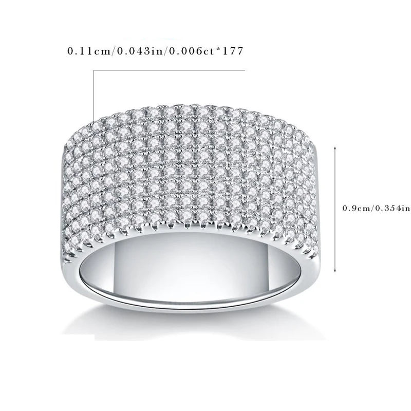 Silver ring with moissanite stones and measurements on a white background