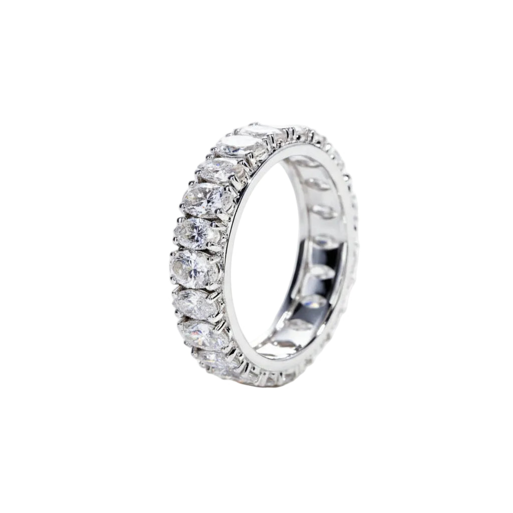 Silver ring with moissanite gemstones on a  white background
