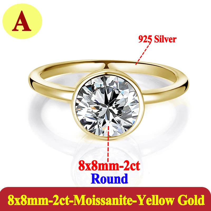 Gold ring with a diamond, labeled '925 Silver', '8x8mm-2ct Round', and '8x8mm-2ct Moissanite Yellow Gold'.