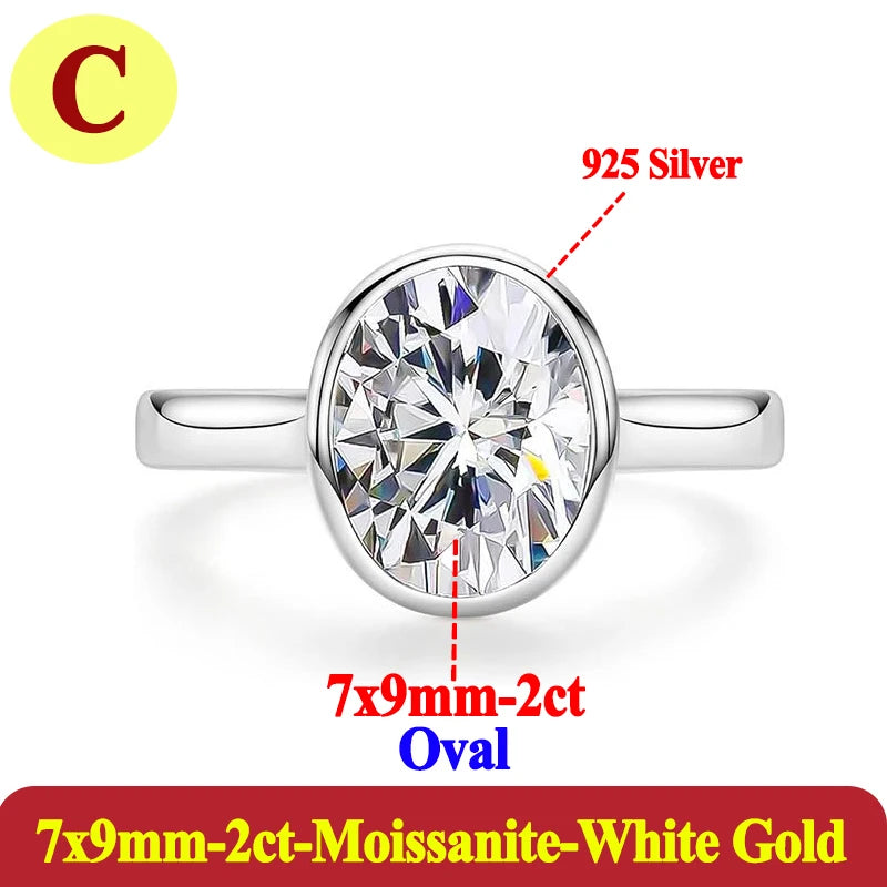 Silver ring with oval moissanite stone on a white background
