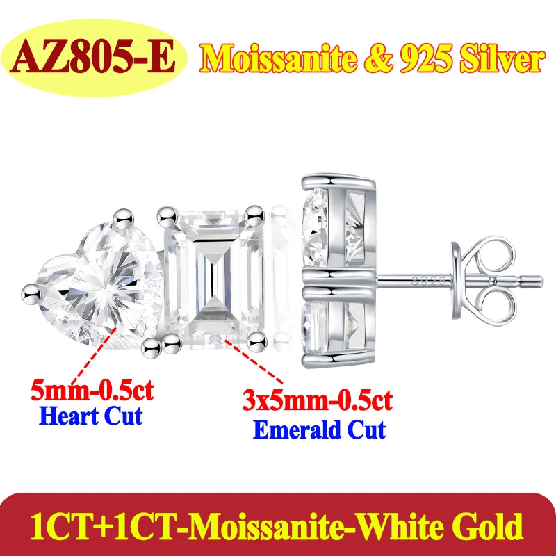 Pair of earrings with heart and emerald cut moissanite stones on a white background.
